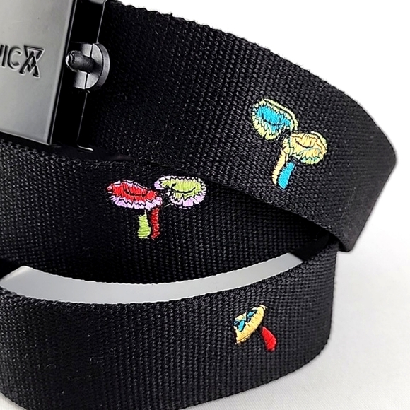 Arsenic Men's Black Web Belt Multi Colour Mushroom Embellishments Size  L/XL - Picture 2 of 9